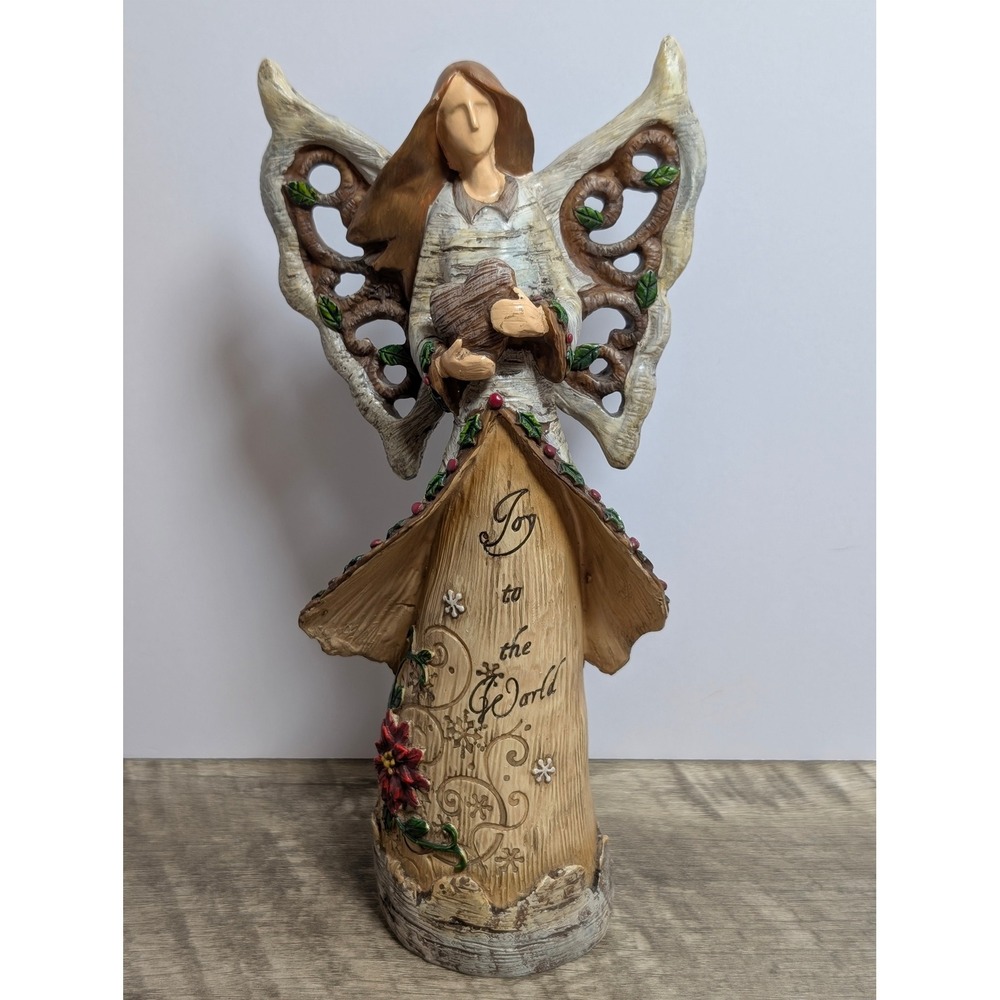 Joy to the World Birch Bark Christmas Angel Figurine Rustic Holiday Decor